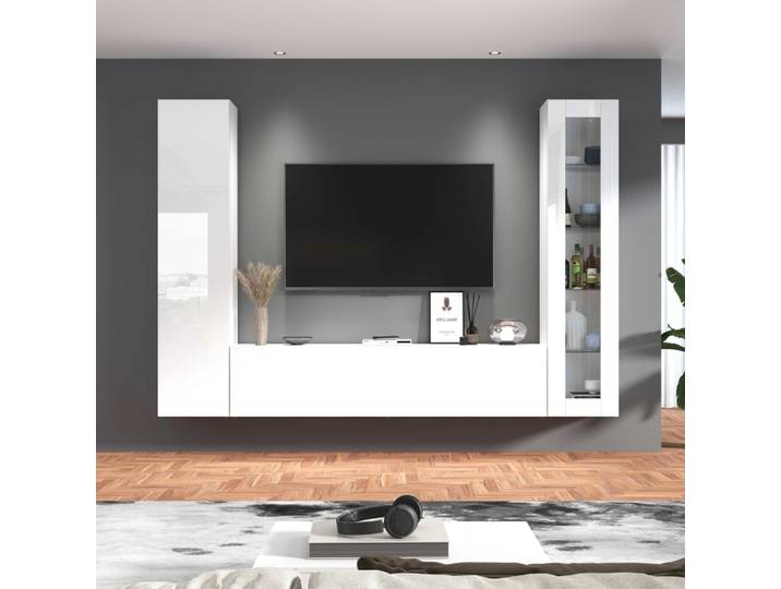Ensemble meuble tv 260 cm effet bois blanc brillant