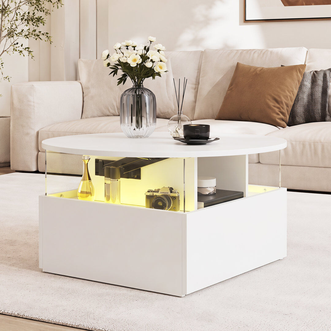 Metro Alpena 80cm Round Coffee Table with 2 Drawers and LED Lighting White 40cm H X 80cm W X 80cm D