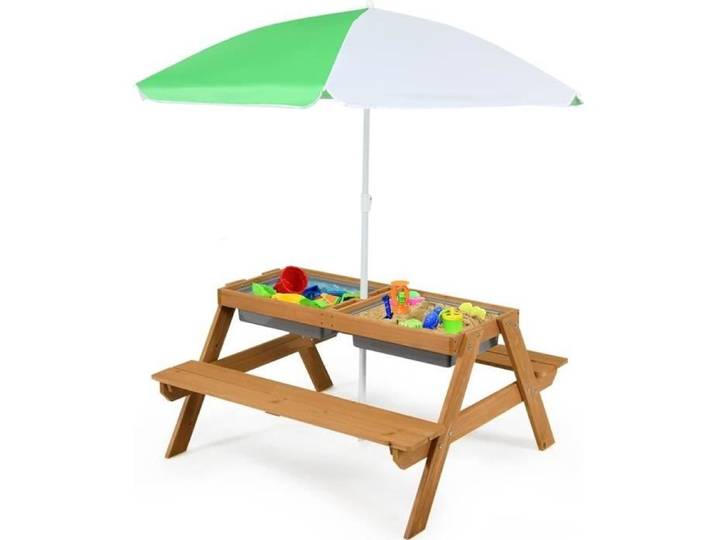 RELAX4LIFE Ensemble Table et Chaises de Jardin 3 en 1 pour Enfants Table Pique-Nique et Banc d'Extérieur avec Parasol et 2