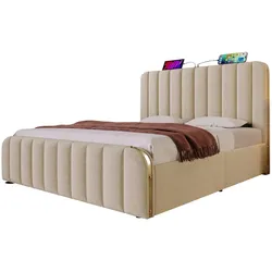Polsterbett 140x200 cm hydraulischer Stauraum mit USB Typ-C – elegantes Design in Beige, Leinenbezug, Metallverzierungen, orthopädische Matratze