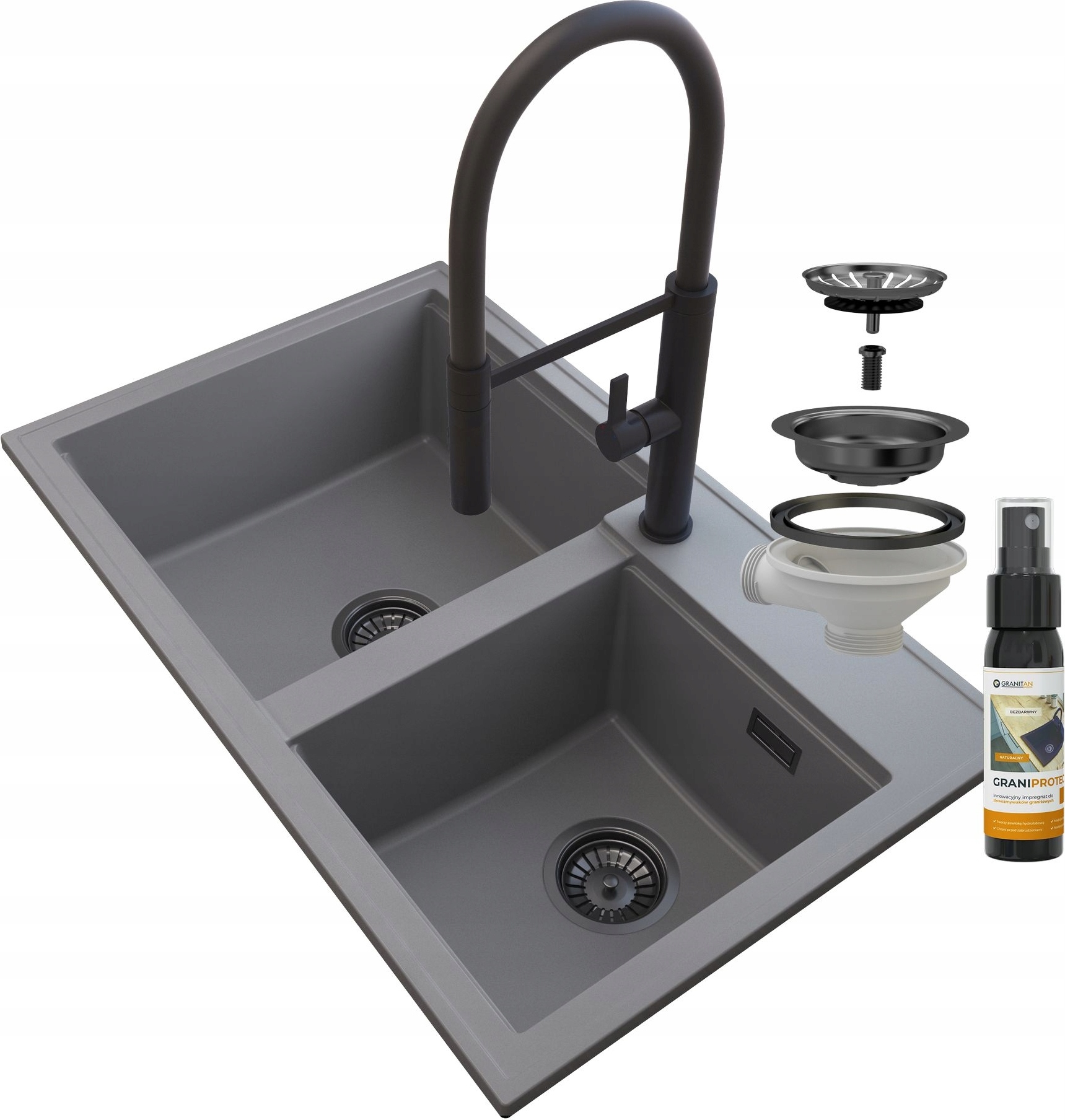 Granitan - Granitspüle - Küchenspüle - 2 Becken - 80x50 cm - Grau - mit Armatur FULL und Siphon - HEKTOR