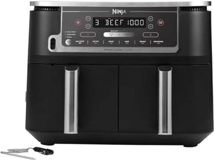 Ninja Foodi MAX DualZone Fritteuse ohne Öl, Smart Cook-System, 9,5 l, 2 unabhängige Schubladen, digitale Thermosonde, 6 Modi, Grau AF451EU