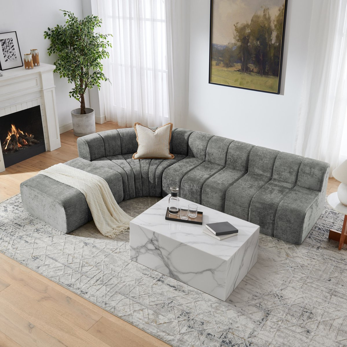 FloraGrace Hoekbank – 4-Zits Modulair Ontwerp – Grijs Chenille