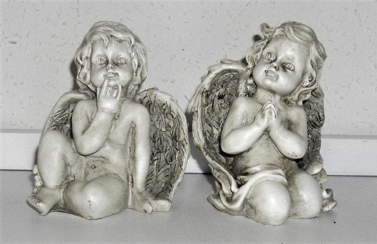Set van twee Beschermengel beeldjes voor op tafel, Hoogte: 10 cm