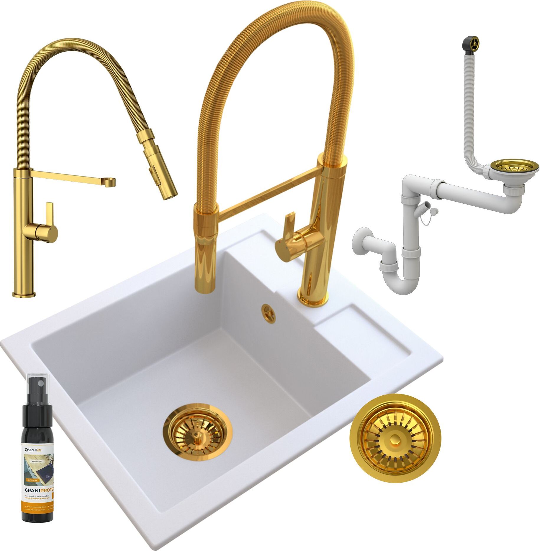 Granitan - Granitspüle - Küchenspüle - 50x40 cm - Weiß - mit Armatur FULL GOLD und Siphon Gold - BEST