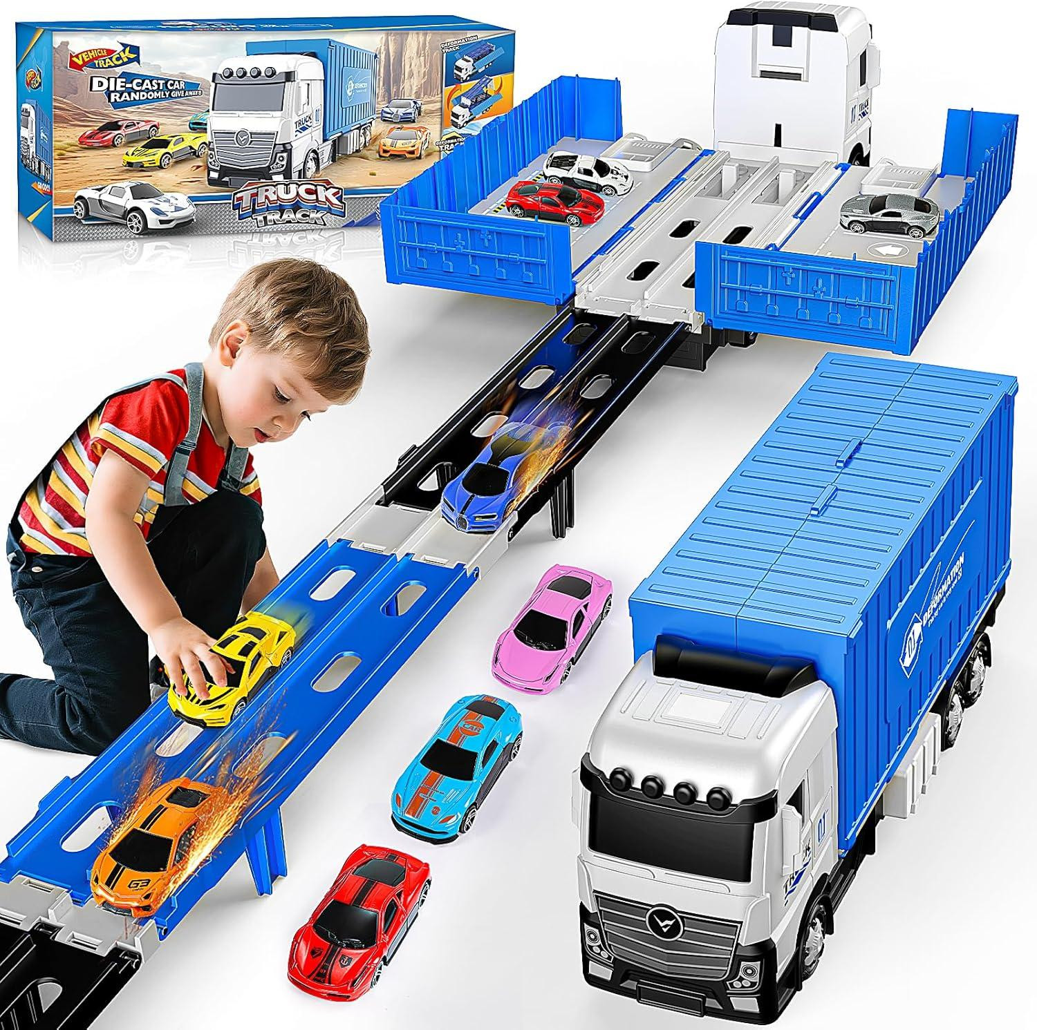 505 Games EUCOCO Auto Transporter Speelgoed met 8 raceauto's en 158 cm racebaan met lanceerfunctie en opvouwbaar ontwerp