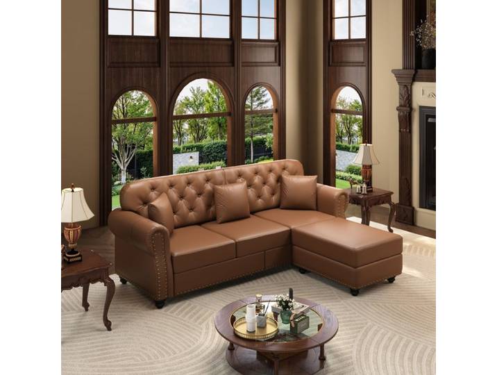 Canapé 3 places - Canapé d'angle avec pouf - Kehun - canapé modulable 3 places avec 3 coussin - 210x76x86 cm - simili cuir - marron