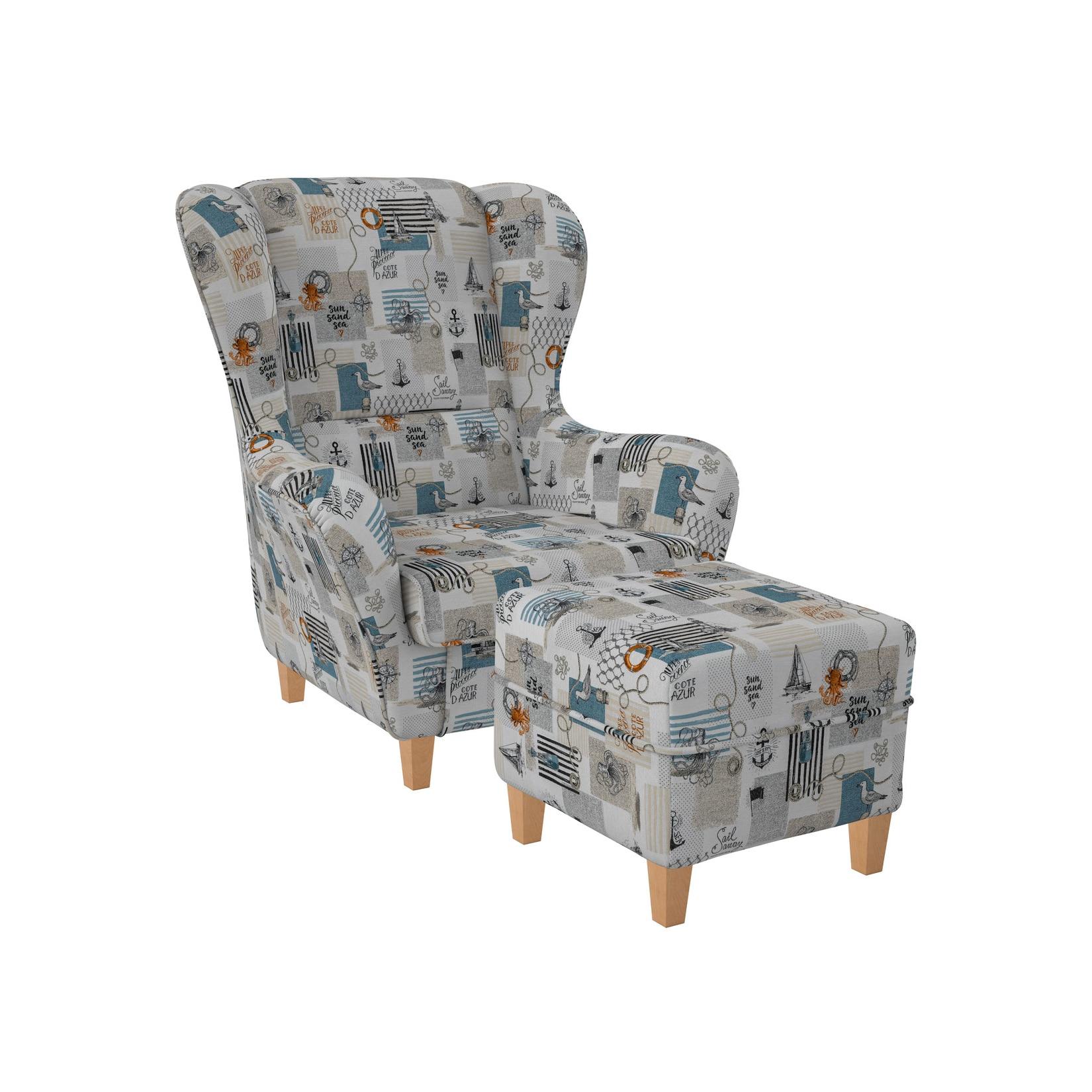 Supellex Sofia Ohrensessel mit Hocker Design Patchwork Côte D'Azur