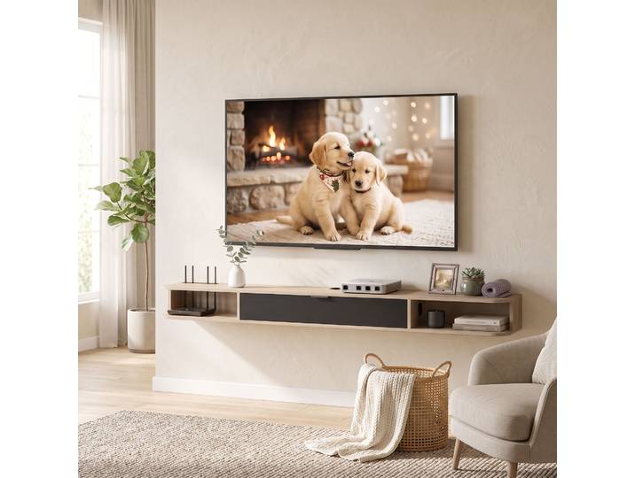 HOMCOM Meuble TV Suspendu Bois Naturel 75 Tiroir 2 Étagères