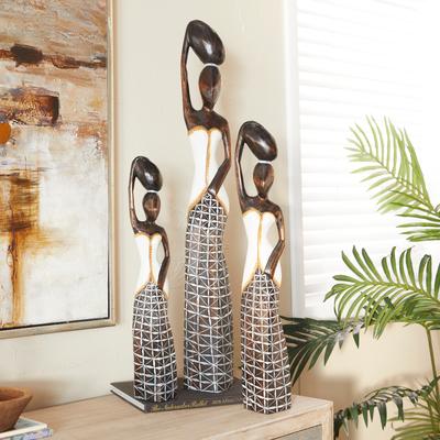ARCILLA ELEMENTAL Brown Wood Standing African Woman Decorative Sculpture with Baskets on Their Heads (Set of 3)