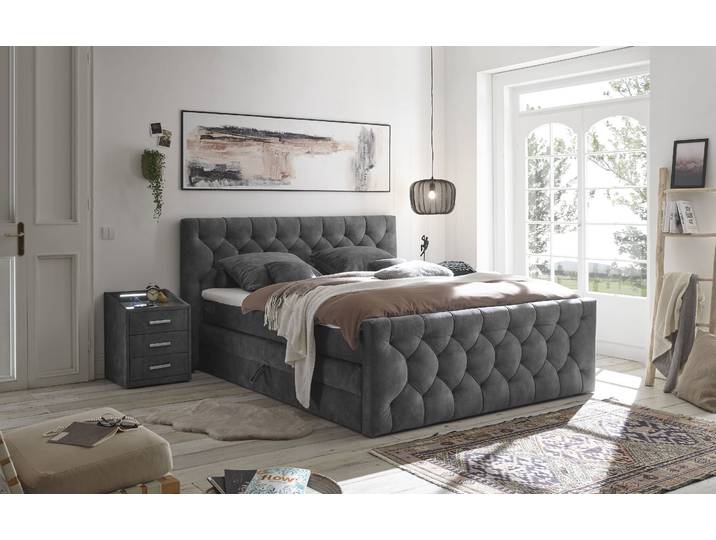 ED EXCITING DESIGN CASHFIELD, Doppelbett mit Bettkasten und Taschenfederkernmatratze H3 mit 6cm Kaltschaum-Topper mit Klimaband, Microvelours-Bezug