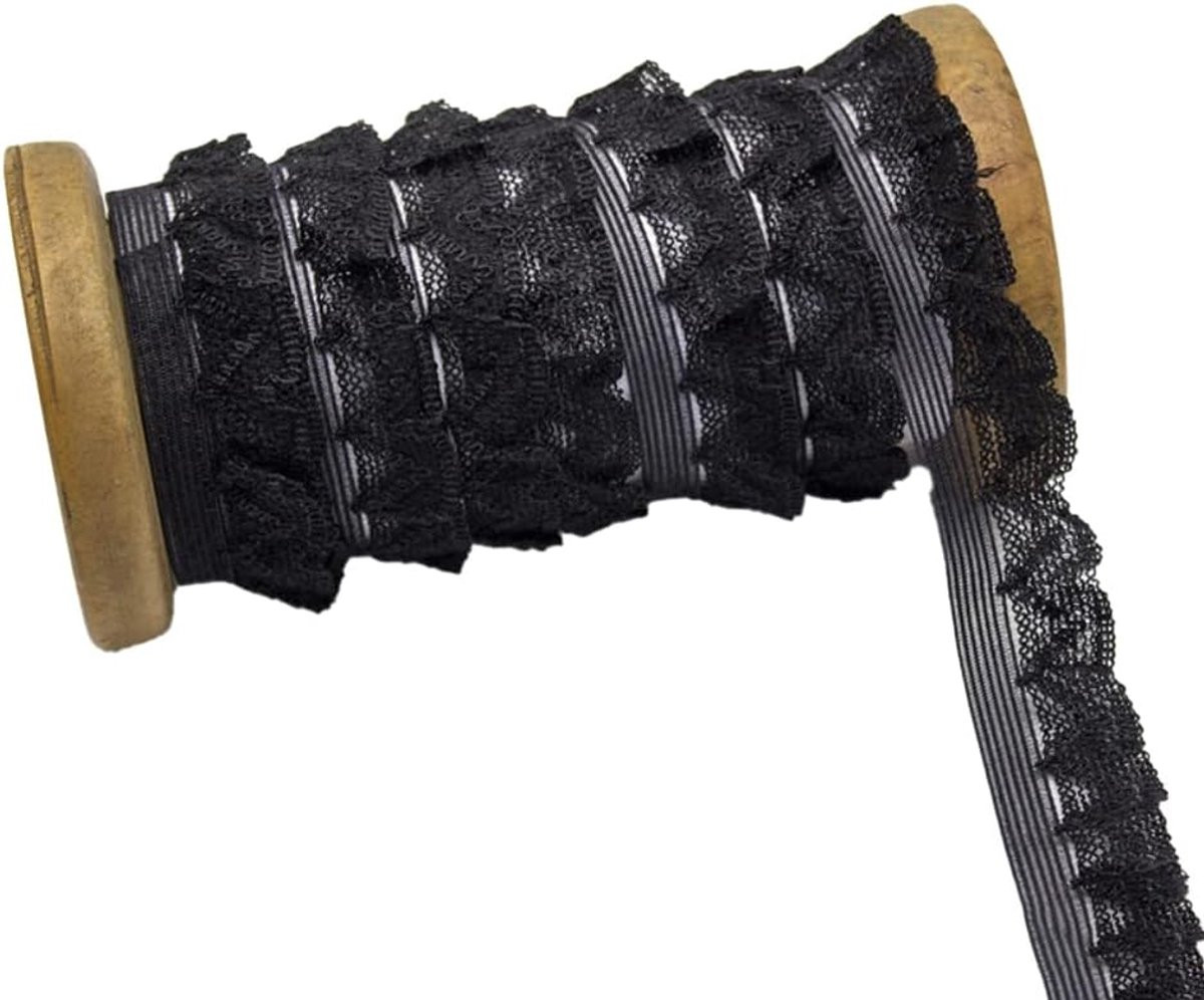 Zwarte geplooide chiffon kantband voor decoratie en handwerk, Breedte: 2 cm