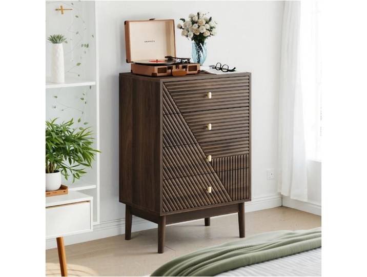 Commode 60x40x90cm - Commode de rangement avec 4 tiroirs design moderne et pieds en bois - Noyer
