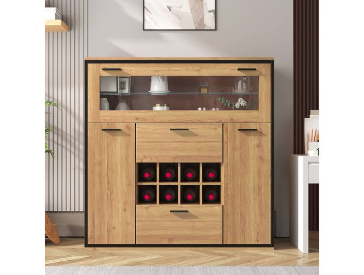 Buffet avec vitrine en verre, meuble bar multifonctionnel/meuble d'appoint/vitrine/meuble de rangement avec casier à vin intégré, mobilier pour salle à manger, salon, cuisine, petits appartements et