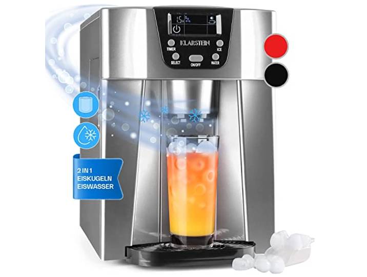 Klarstein Eiswürfelmaschine Klein, 2 L Eiswürfelbereiter & Wasserspender, Eiswürfelmaschine für 12 kg Große und Kleine Eiswürfel, Schnelle Eiswürfelbereiter mit Alarm