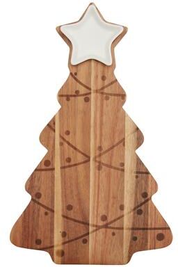 Tabletops Gallery Set of 2 Christmas Tree Acacia Wood Serving Board with Ceramic Bowl