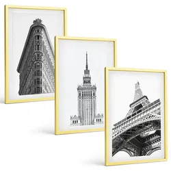 BILDER SET 3er Set - 40x60 cm Goldrahmen - Architektonische Schwarz-Weiß-Gebäude