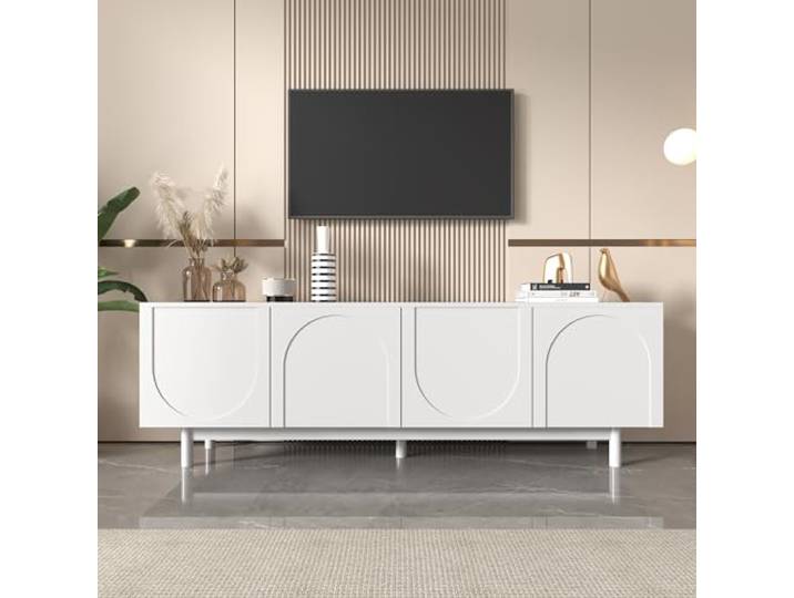 Merax Moderner TV-Schrank 175 x 38 x 56 cm, Verstellbare Einlegeplatten, Push-to-Open Türen, Massivholzfüße, Lowboard TV Möbel im Luxusstil Weiß