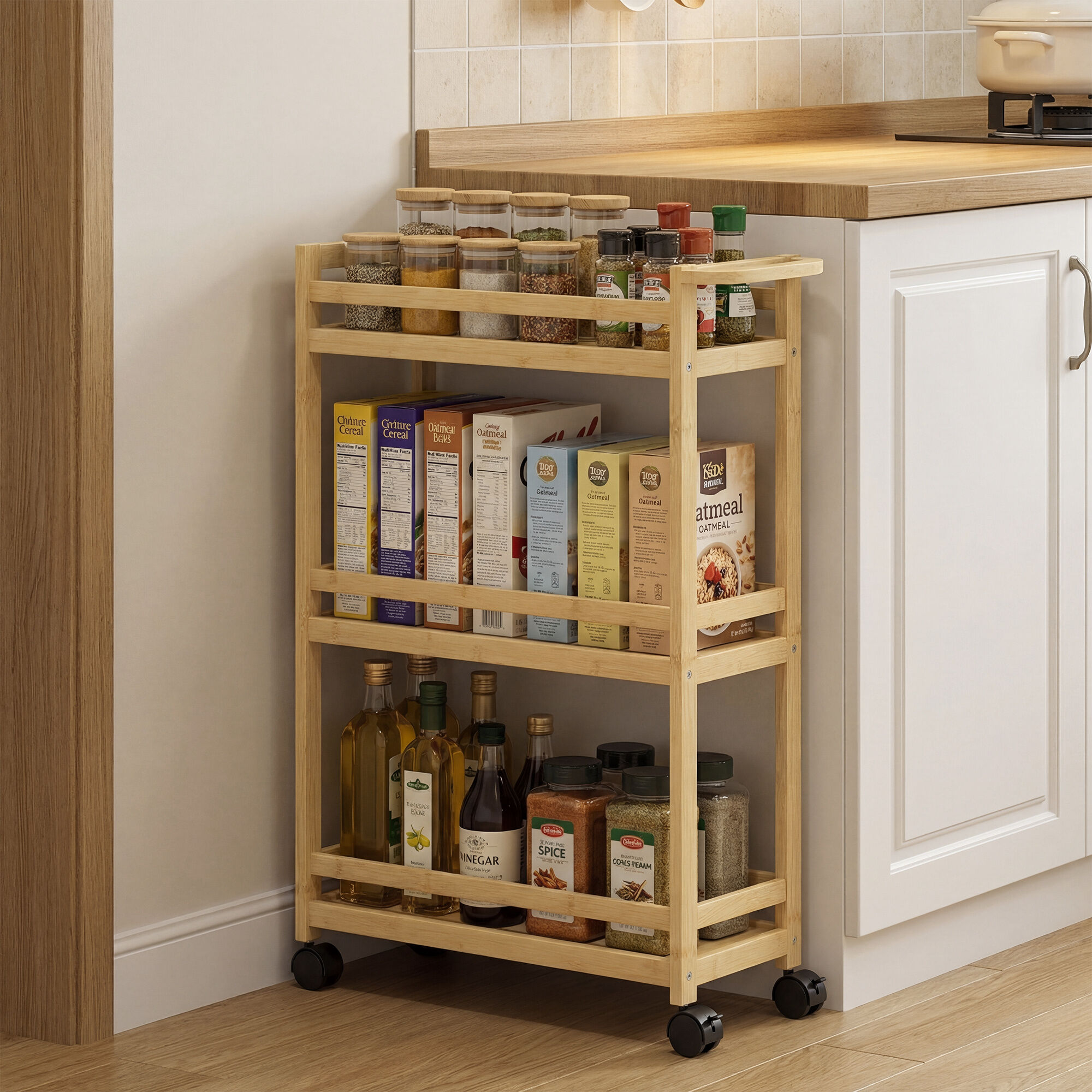Altro Carrello Portaoggetti Per Bagno A 3 Livelli In Bambù, 55x20x75 Cm, Color Legno