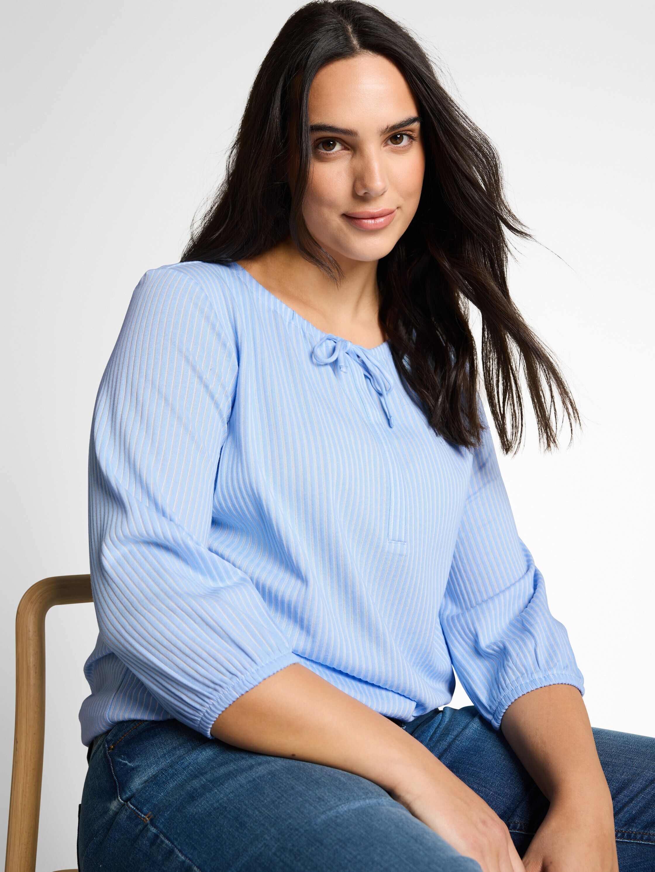 T-Shirt TOM TAILOR PLUS, Damen, Gr. 46, blau (blau weiß thin stripe), Single Jersey, Obermaterial: 67% Baumwolle, 33% Polyester, gestreift, regular fit normal, Rundhals, elastischer Bund, Shirts T-Shirt, mit elastischem Bündchen blau weiß thin stripe 46
