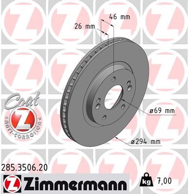 Zimmermann Bremsscheibe Coat Z 285350620 Vorderachse Belüftet 294mm 26mm Für Hyundai