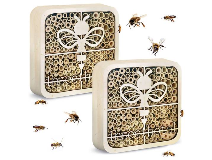 2er-Set Insektenhotel Biene , kinderfreundlich, Naturholz, 20 x 20 x 7 cm