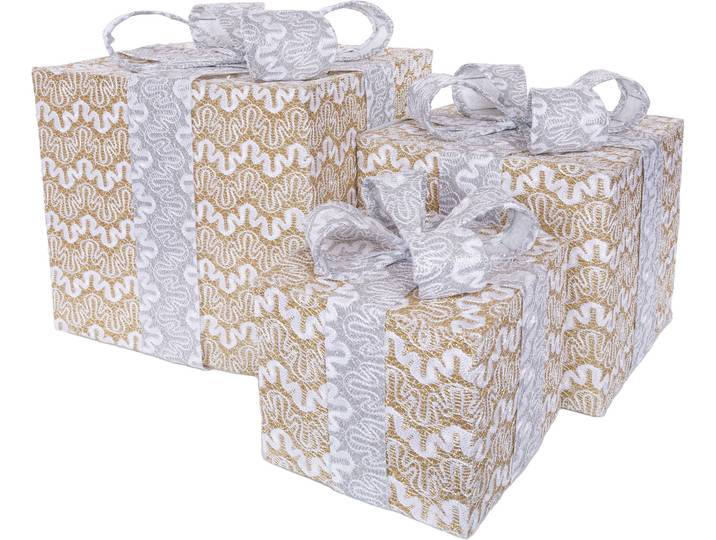 Dekoobjekt Geschenk , silber (silberfarben), B:25cm, Metall, Polyester, MYFLAIR MÖBEL & ACCESSOIRES, Dekofiguren, Dekoobjekt, 3 unterschiedliche Größen, mit LED Beleuchtung, Weihnachtsdeko