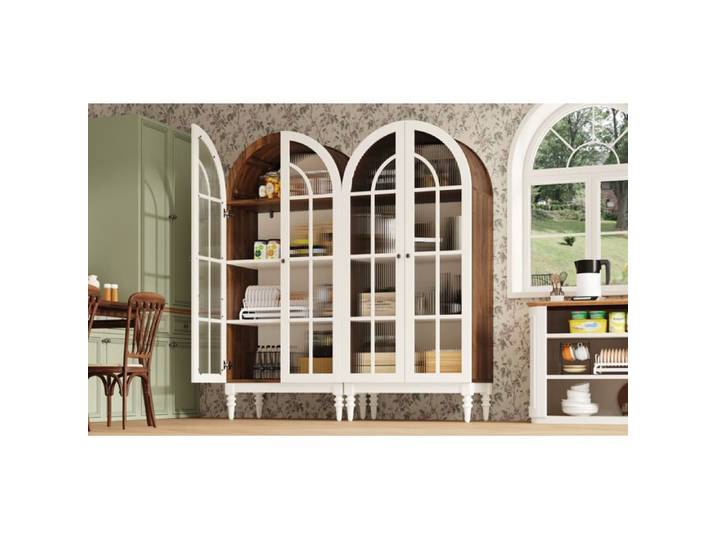 Modenuit Vitrine en arche 76 x 38 5 x 165 cm 2 portes vitrées 3 étagères MDF et métal blanc/noyer