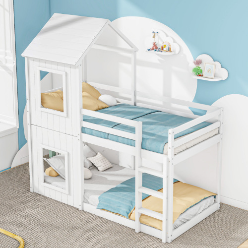 okwish Etagenbett 90*200cm, Kinderbett für Jungen und Mädchen, Heimbett mit Leiter, Baldachin, bodenstehend, Massivholz, Cartoon-süße Form, weiß(Ohne Matratze)