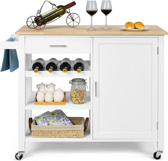 Keuken Trolley op Wielen - Verrijdbaar Keukeneiland met Werkblad, Opslagkast en Handdoekhouder