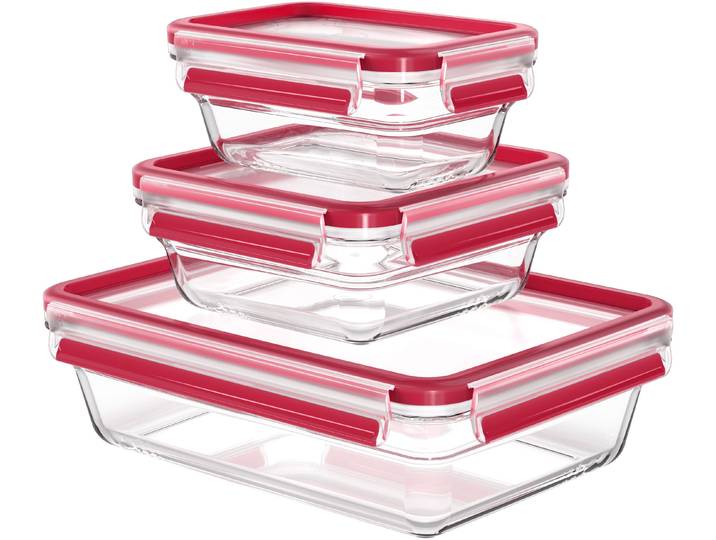 Frischhaltedose EMSA Clip & Close Glas , rot (rot, transparent), Glas, Kunststoff, Lebensmittelaufbewahrungsbehälter, Frischhaltedose, 0,45/0,8/2L, gefrier-, backofen-, mikrowellen- und spülmaschinenfest