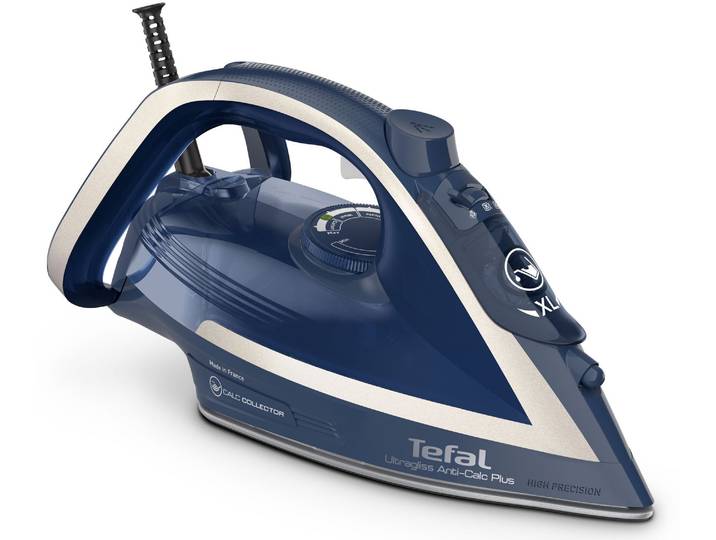 TEFAL Dampfbügeleisen Ultragliss Plus, 2800 W, Dampfstoß: 250 g/Min., 50 g/Min. Dampfabgabe , blau (blau, kupferfarben), B:13,5cm H:15,5cm T:30,5cm, Bügeleisen, Vertikaldampf, abnehmbarer Kalk-Kollektor, Eco Mode, blau/weiß FV6830, Dampfbügeleisen