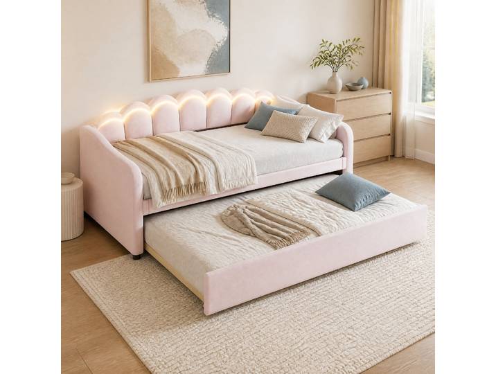 Lit Banquette 90x200 Avec Lit Gigogne Velours Rose Havrya