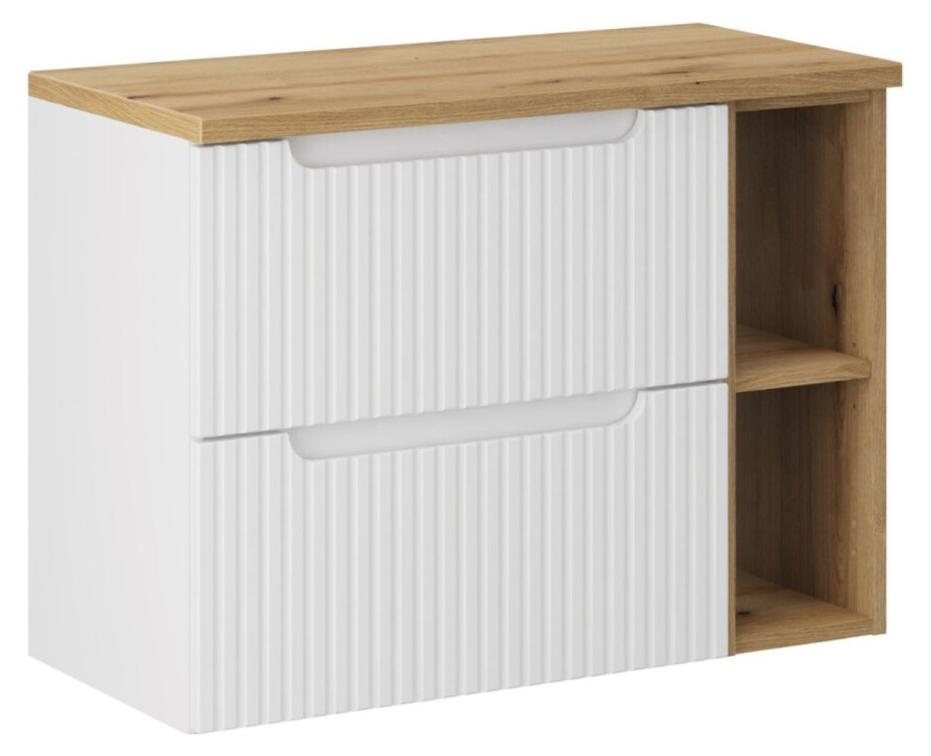 Badezimmer-Set VANO weiß 80cm: Unterschrank mit Schubladen und sichtbaren Nischen + Eichenoptik-Ablage für Waschbecken