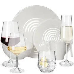 Moritz Melamin Geschirr-Set 4 Personen Crema Design 16 Teilig + 16 Milano Gläser Wassergläser Weingläser Champagner-Gläser Flûtes Tafelgeschirr Pickn