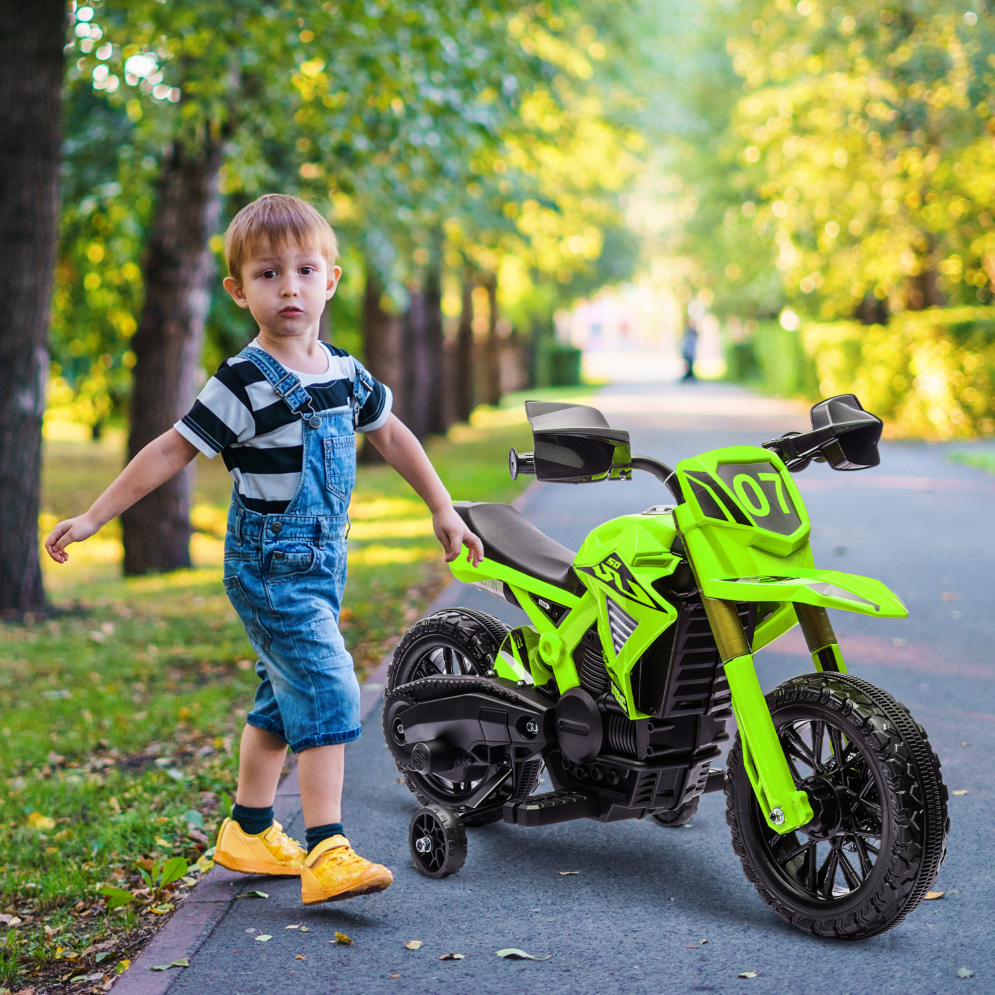 Aiyaplay Moto Elettrica per Bambini, Alimentata a Batteria da 6V, Ruote di Supporto, Clacson, Suono di Avvio, 3-8 anni, Verde