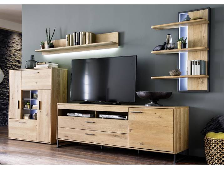 Wohnwand Anbauwand Portland , Asteiche Bianco massiv , 4-teilig , LED Beleuchtung 2