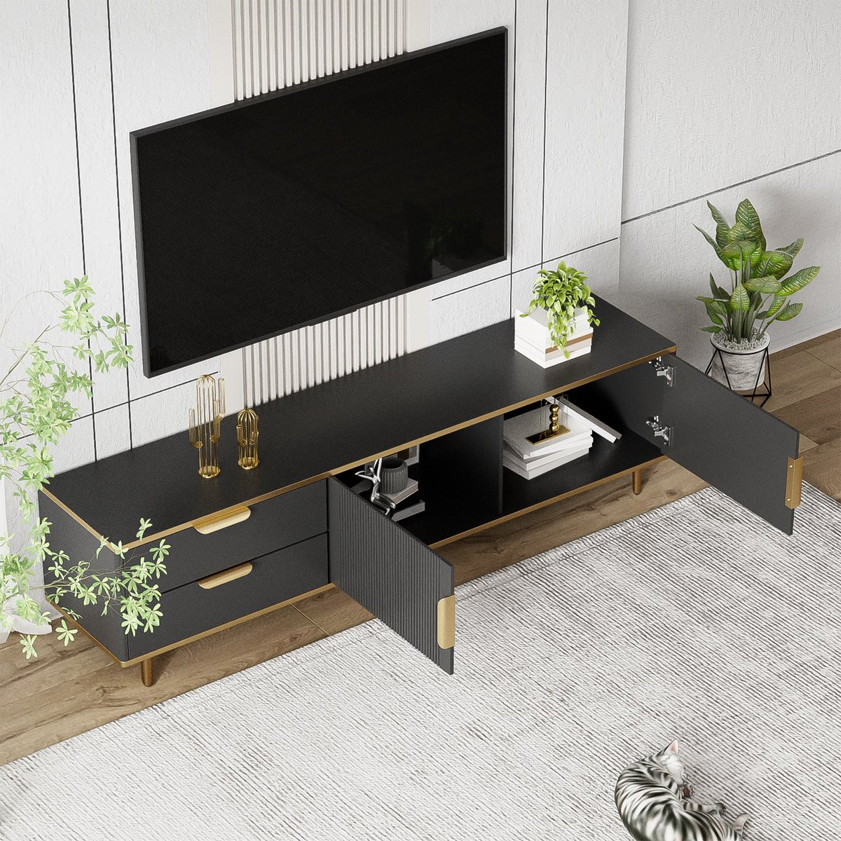 Merax TV-meubel met marmerpatroon en gouden details, zwart