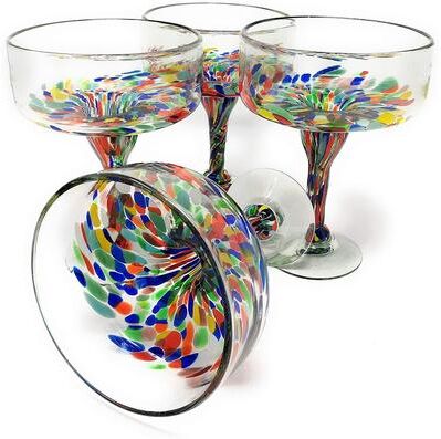 Dos Sueños Dos Suenos Mexican Hand Blown Glass - Set of 4 Hand Blown Margarita Glasses Confetti Carmen (16 oz)