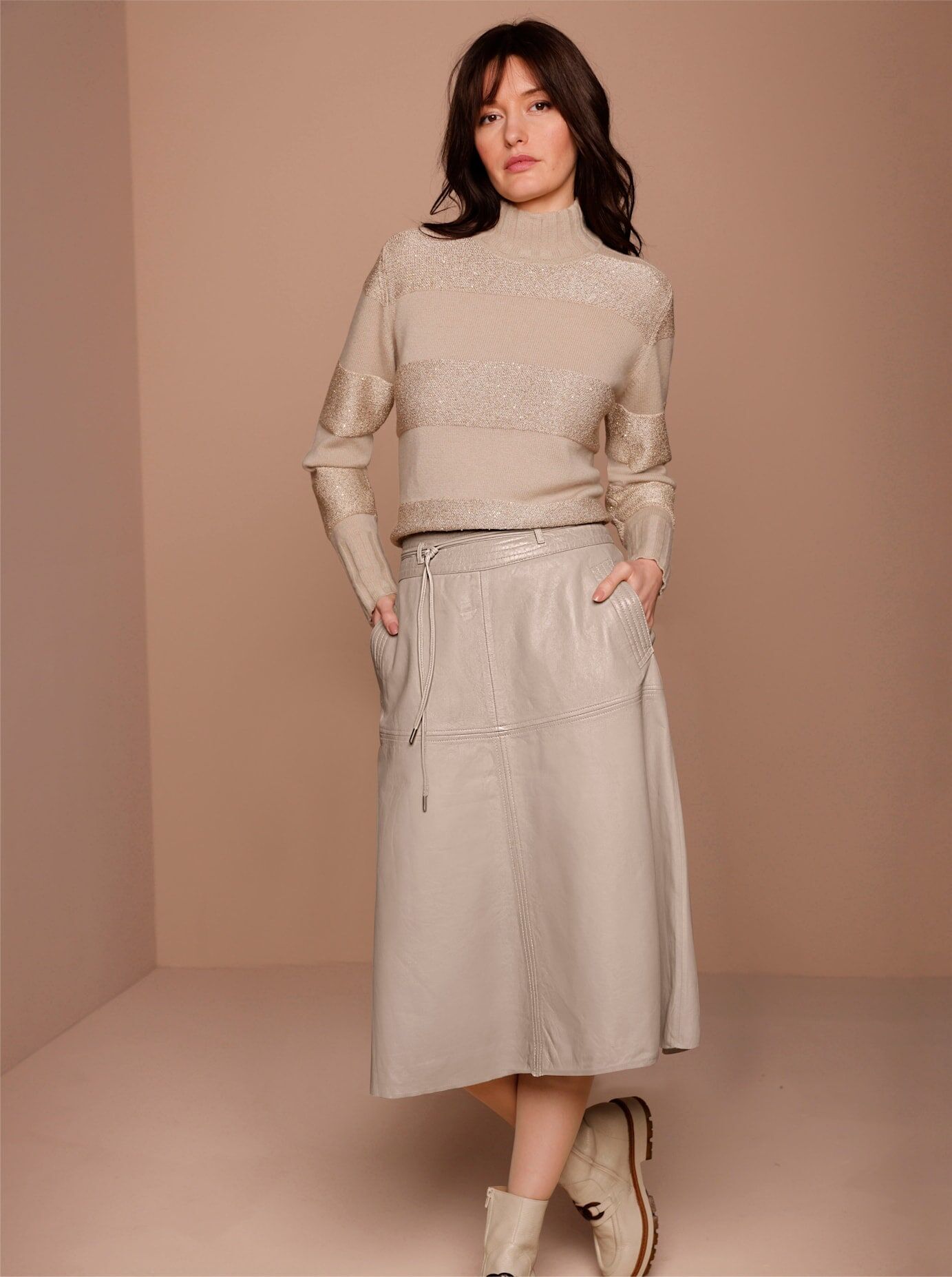 Lederrock CREATION L PREMIUM, Damen, Gr. 42, beige, 100% Lammnappaleder, unifarben, wadenlang, Röcke Lederrock beige 42
