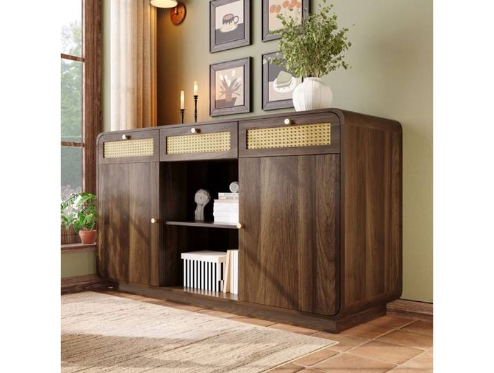 Buffet aspect noyer 120x40x85cm - 2 portes et 3 tiroirs en rotin - Compartiments ouverts - Noyer