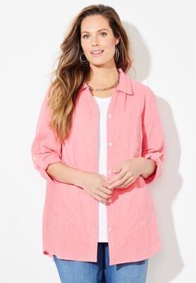 Plus Size Women's AnyWear Pucker Cotton Buttonfront Roll Tab Shirt by Catherines in Pink Tropic (Size 5X)