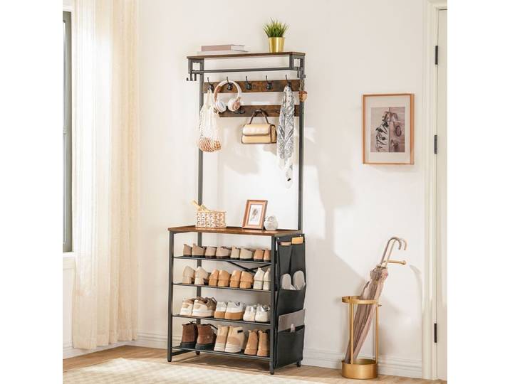 HOOBRO Porte-Manteau Vestiaire 3-en-1 Meuble Entrée avec Étagère à Chaussures Étagère réglable en Maille métallique
