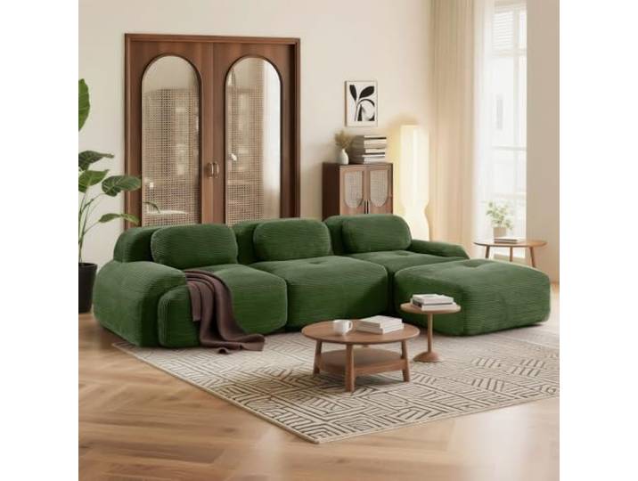 SoarFlash Modernes modulares Sofa, Kordtstoff-Oberfläche, Tiefe Sitzfläche + breite Armlehnen, werkfertig, 3-Sitzer Ecksofa, Vert foncé