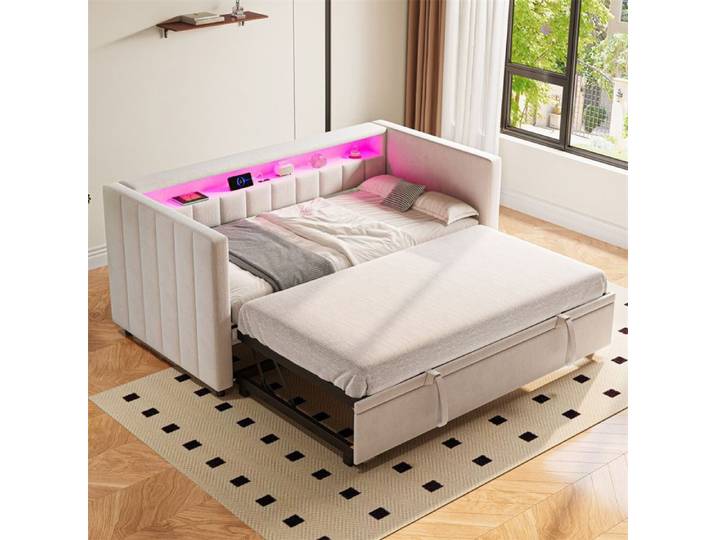 DRIPEX Canapé-lit multifonctionnel 90x190cm avec lit gigogne port USB Type-C éclairage LED Lit rembourré en velours Beige