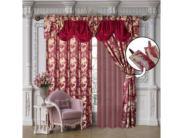 Rideaux Jacquard avec cantonnière, transparents, mounommée et 2 attaches, exquis, salon, chambre à coucher, luxe, 1 ensemble
