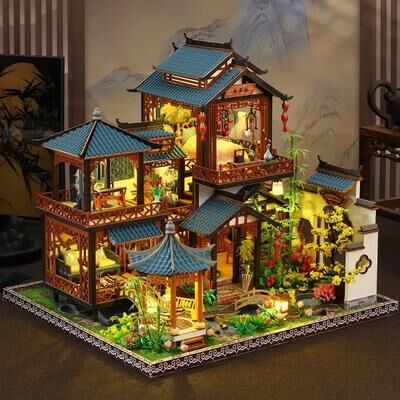 Inspire Select DIY Orchid Pavilion Book Nook Kit 3D Ancient Chinese Miniature Model Shelf Insert Decor brown
