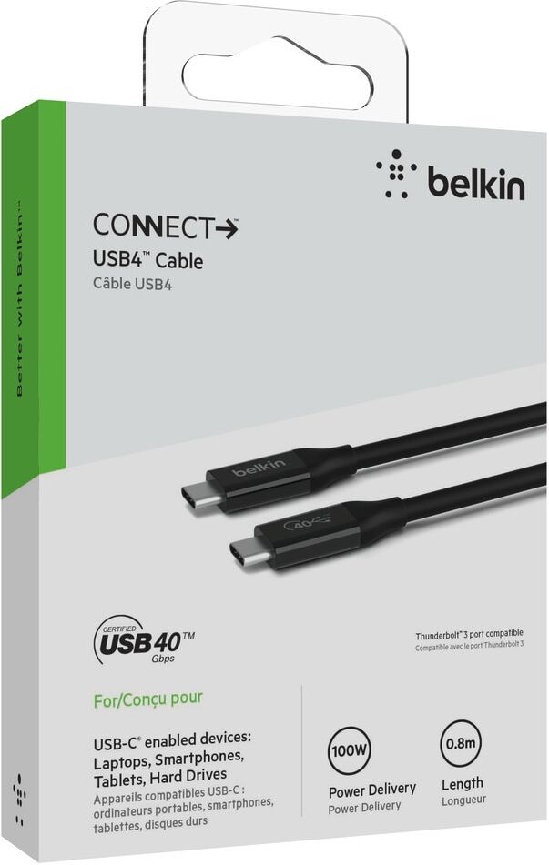 Belkin USB-Kabel "Connect USB4-Kabel", schwarz, 80cmcm, Kabel, unterstützt Power Delivery und schnelles Laden per „Passthrough“, USB-Kabel