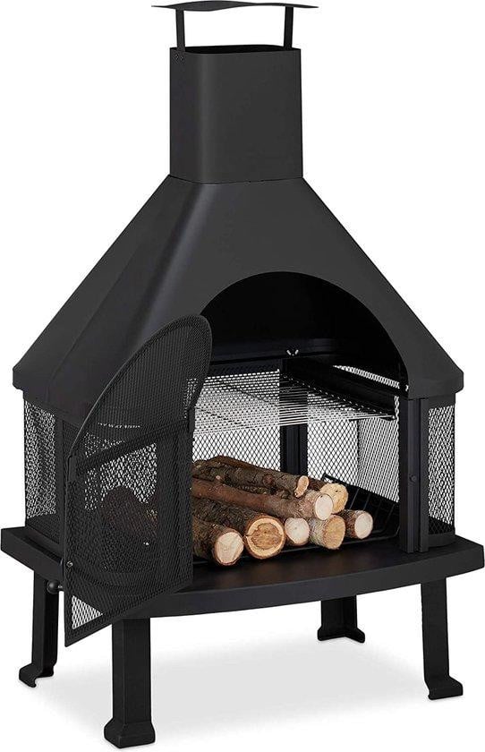 Moderne zwarte metalen vuurschaal voor buiten met warming rack
