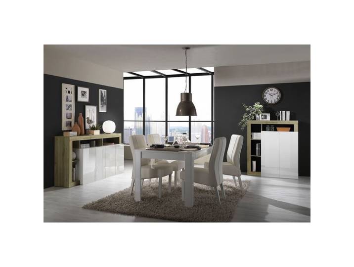 ARTURO - Séjour Complet Table + Buffet 4P Blanc Laqué Niches Aspect Bois Cadiz